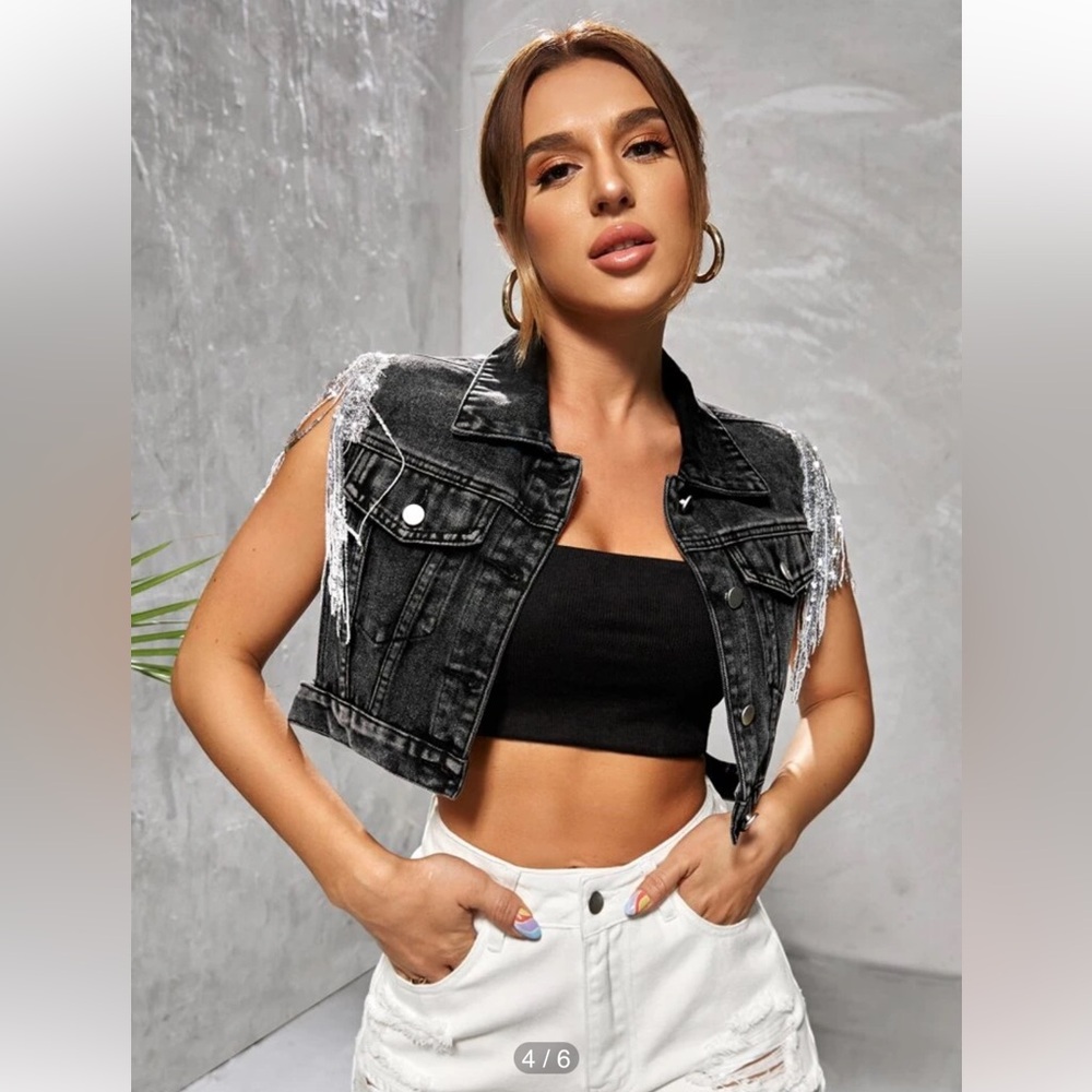 SHEIN Charcoal Denim Jacket Vest with Sequin Fringe